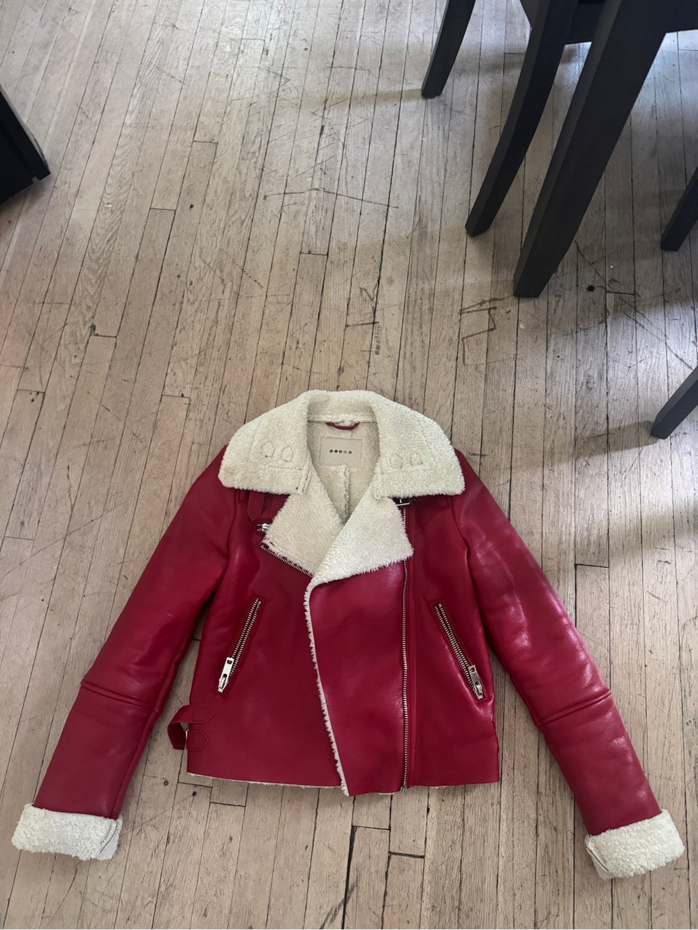 Red Shearling-Trim Moto Jacket by Blank NYC